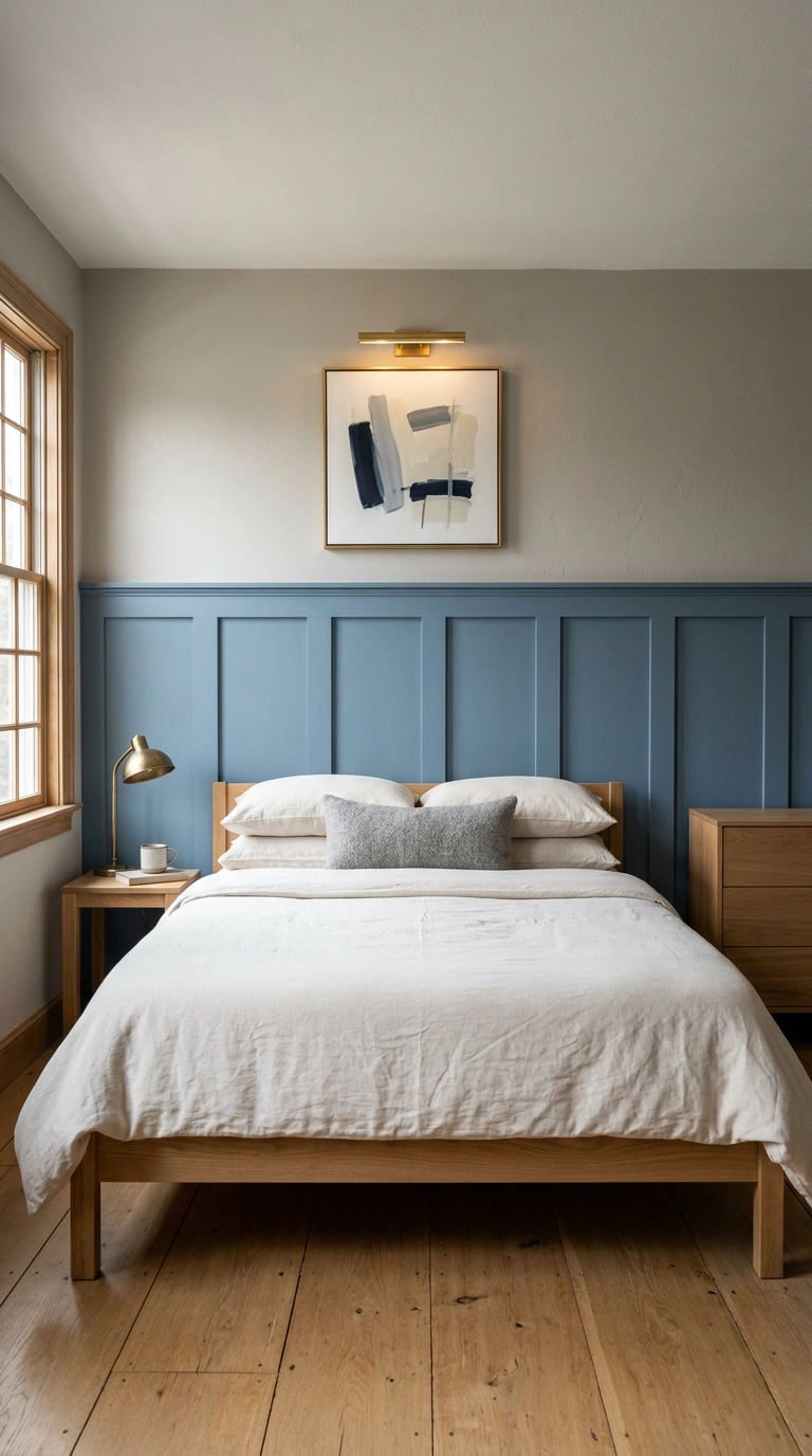 Dusty blue board and batten wall molding under warm grey paint behind an oak bed
