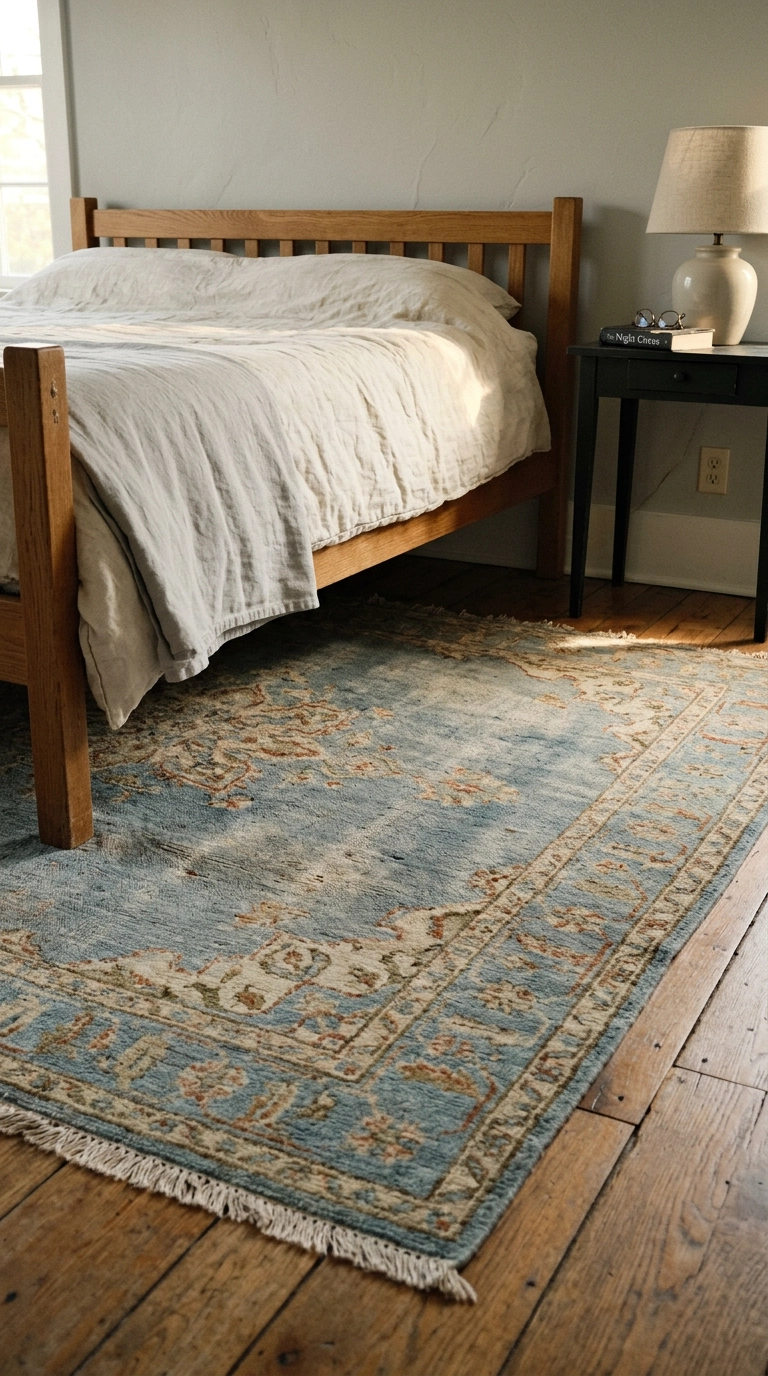 Faded vintage blue and rust wool rug on oak floors in a grey bedroom