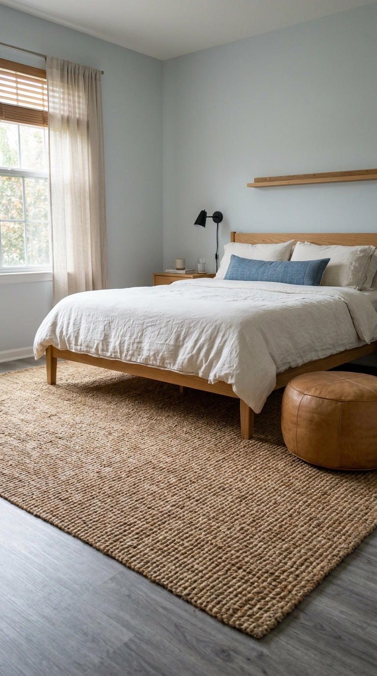 Large jute rug warming cool grey flooring in a blue-grey bedroom
