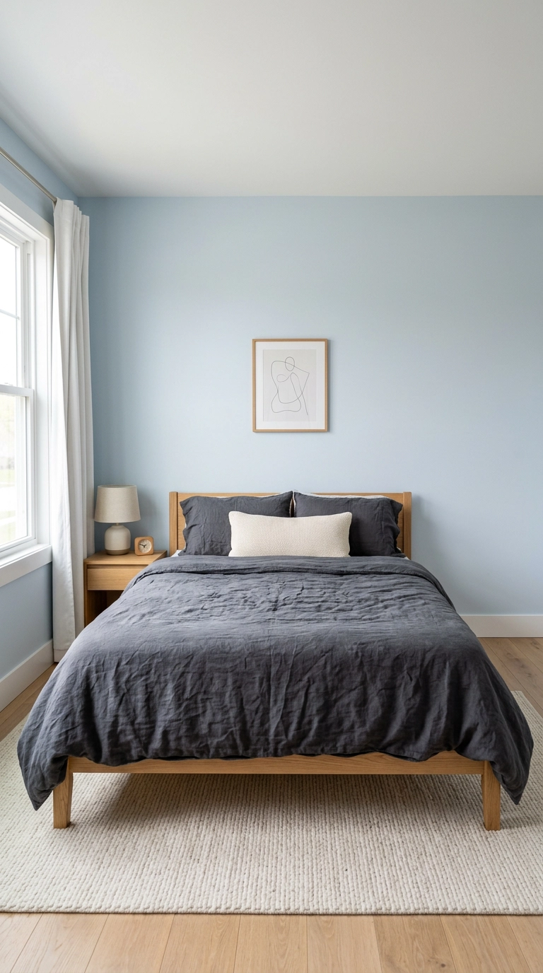 Pale powder blue walls with charcoal grey linen bedding and an oak bed frame