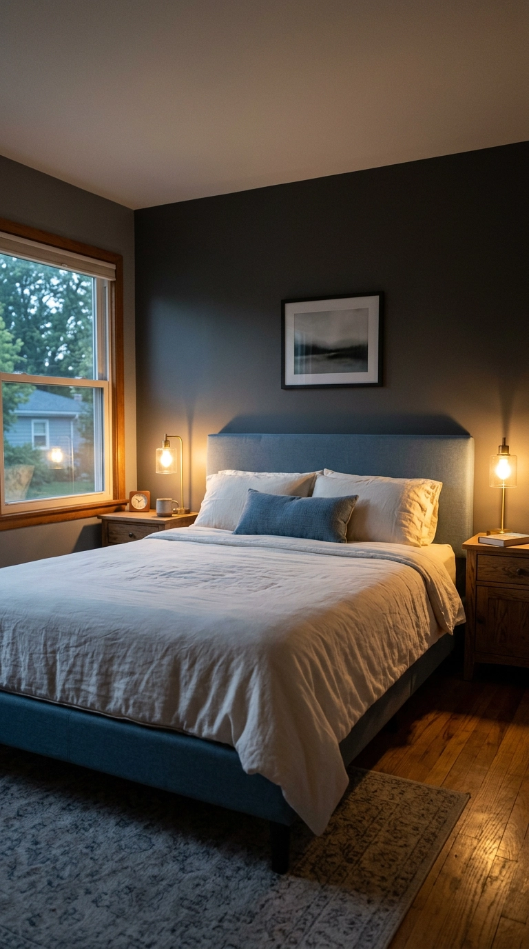 Blue and grey bedroom at dusk lit by warm 2700K bedside lamps