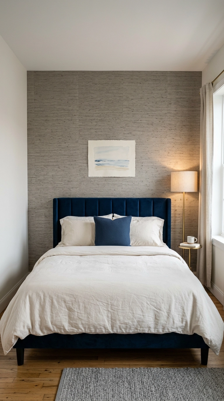 Warm grey grasscloth-look wallpaper behind a navy headboard in a rental bedroom