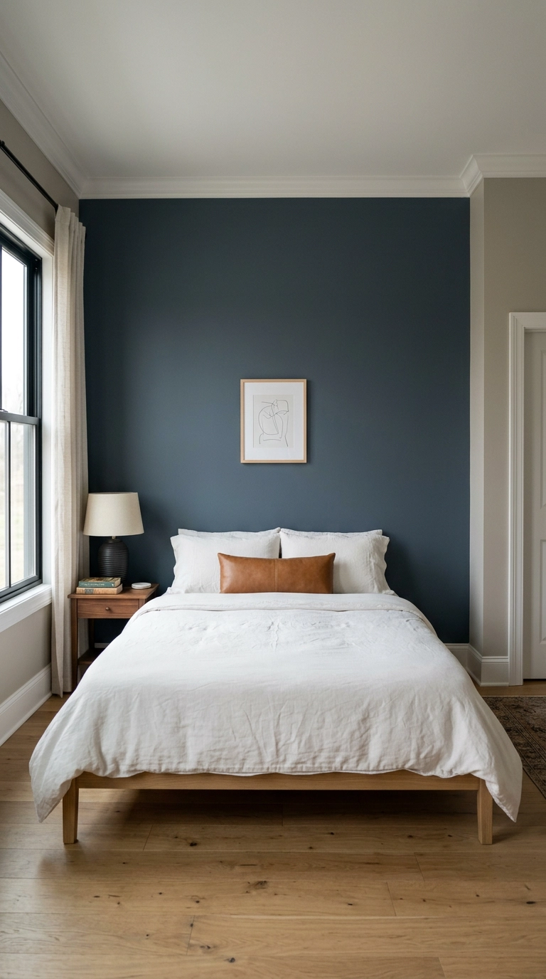 Slate blue accent wall behind an oak bed with warm greige walls in a blue and grey bedroom