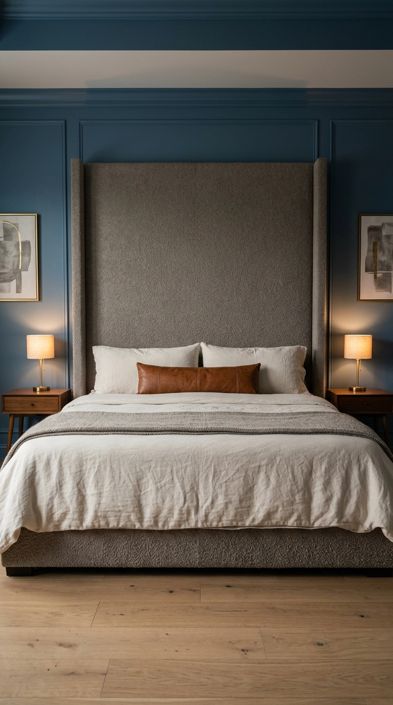 Full-height warm grey boucle headboard against dusty blue walls with brass lamps