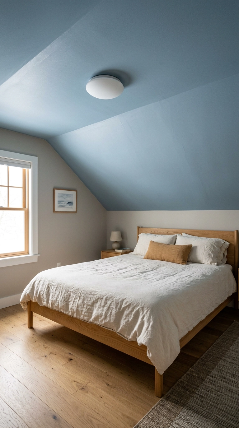 Dusty blue painted sloped ceiling above warm grey bedroom walls with an oak bed