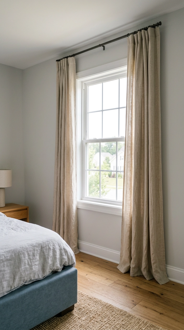 High-mounted oatmeal linen curtains beside a dusty blue bed in a grey bedroom