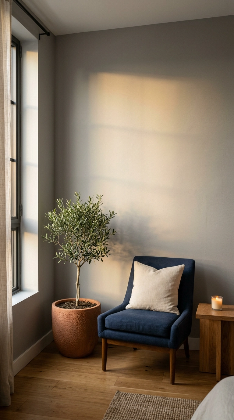 Small olive tree in a terracotta pot beside a navy reading chair in a grey bedroom