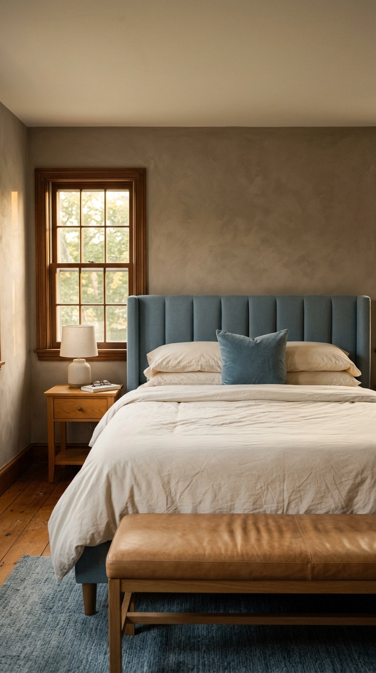 Warm taupe-grey bedroom walls with a dusty blue headboard and camel leather bench