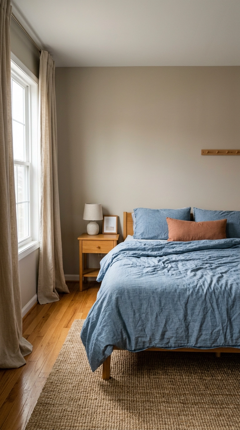 Chambray blue bedding and greige walls with a terracotta pillow in a north-facing bedroom