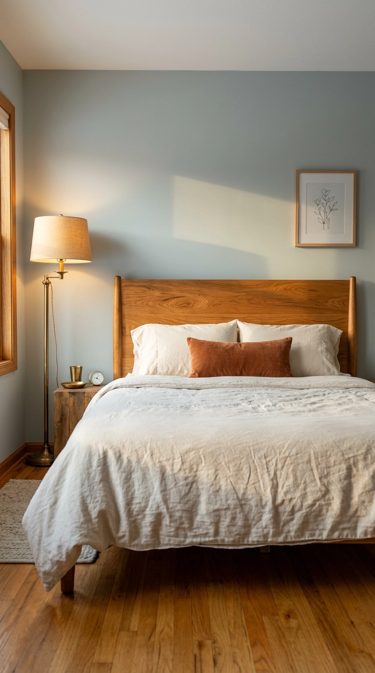 Blue-grey bedroom warmed with oak headboard, honey floors, and a rust pillow