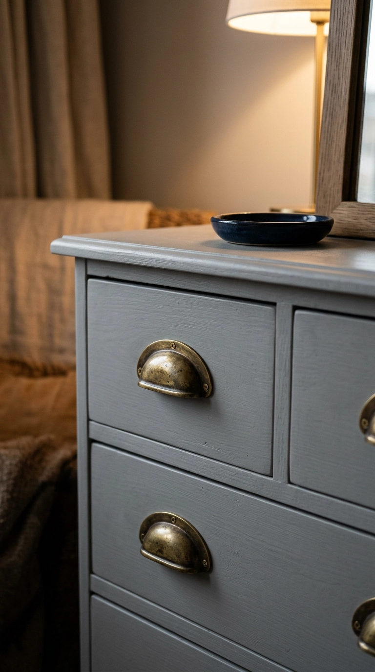 Aged brass cup pulls on a dove grey dresser beside a navy ceramic dish