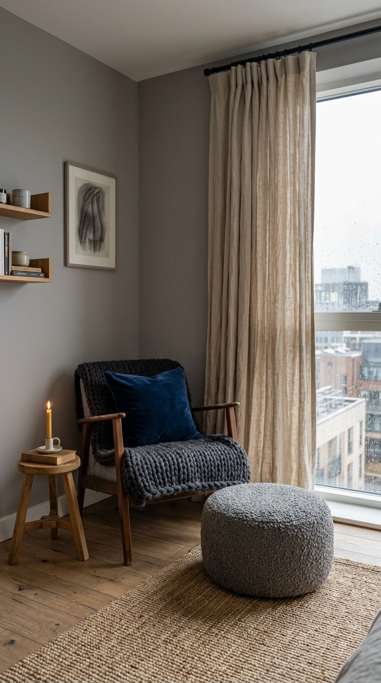 Grey boucle ottoman, chunky knit throw, and navy velvet cushion showing layered texture