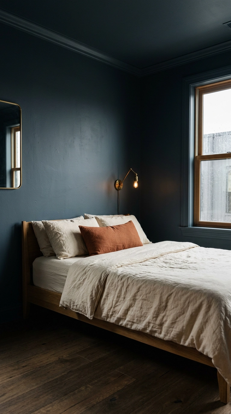 Small bedroom color drenched in deep blue-grey with an oak bed and rust pillow