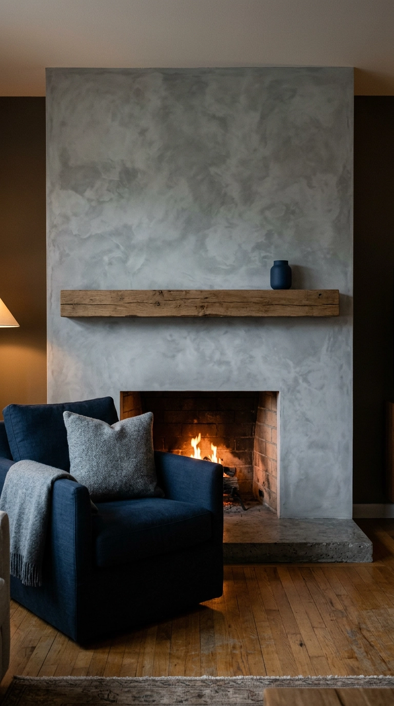 Grey limewash plaster fireplace with oak mantel and navy blue armchair