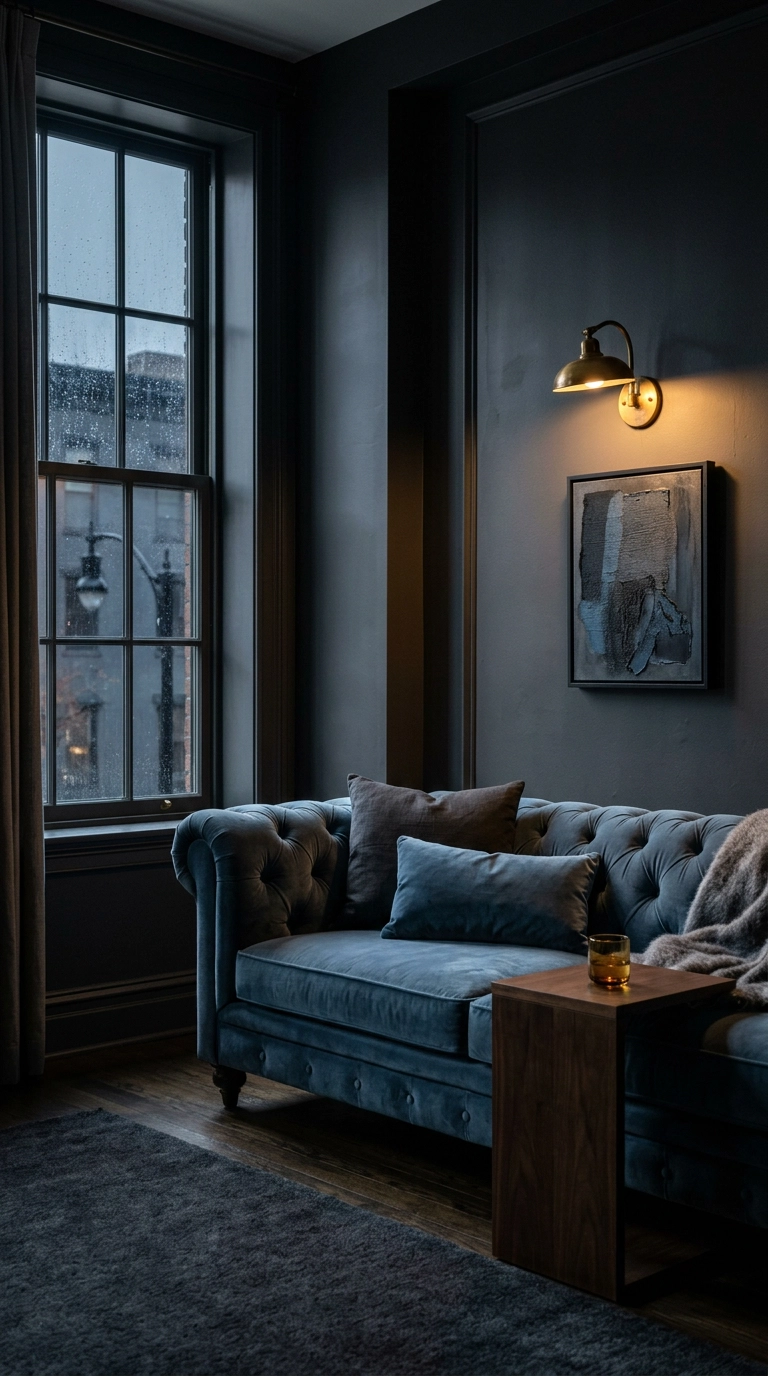 Steel blue velvet sofa against a charcoal grey wall with a warm brass sconce