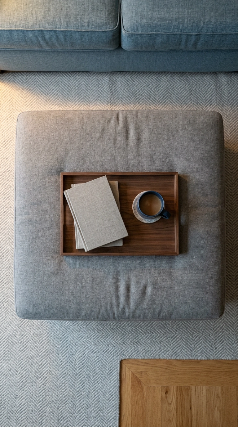 Grey upholstered ottoman with a walnut tray and navy blue mug in a living room