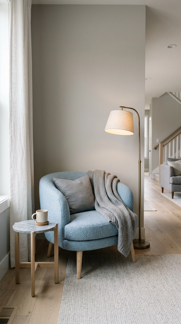 Powder blue boucle accent chair in the corner of a warm grey living room
