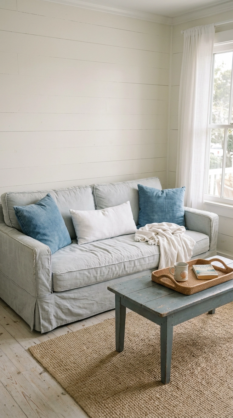 Pale grey slipcovered sofa with faded blue pillows in a coastal living room