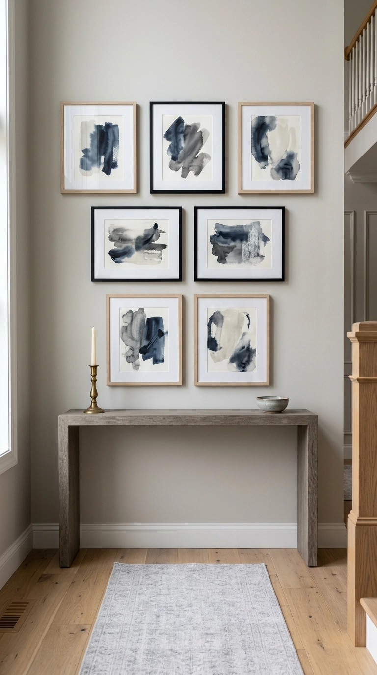 Blue and grey abstract gallery wall in black and oak frames above a console
