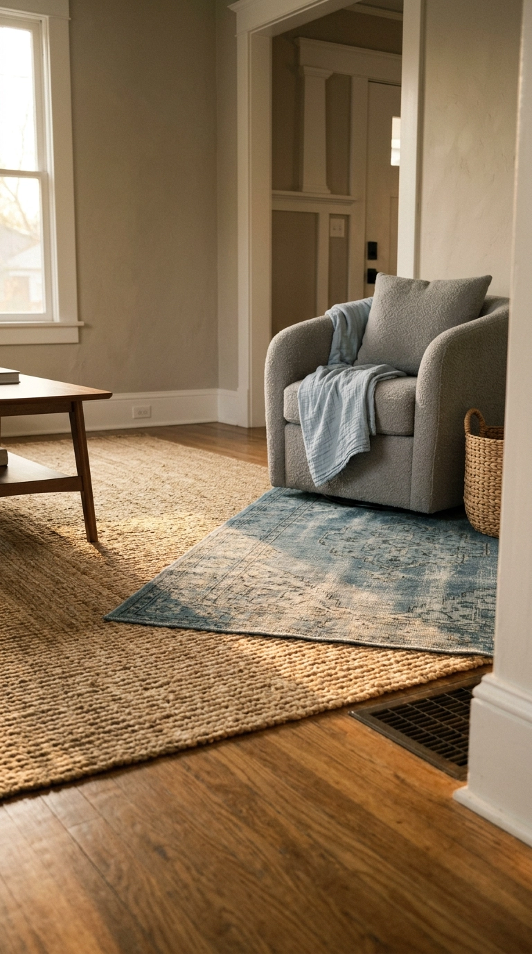 Dusty blue wool rug layered over a jute rug in a grey and blue living room