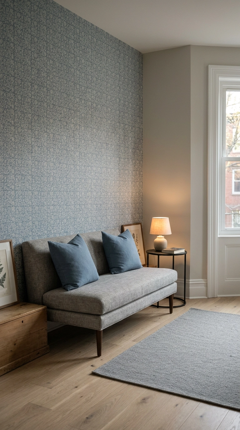 Dusty blue and grey patterned wallpaper on one living room feature wall