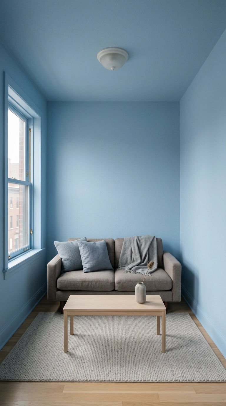 Small living room color drenched in soft cloud blue with a warm grey loveseat