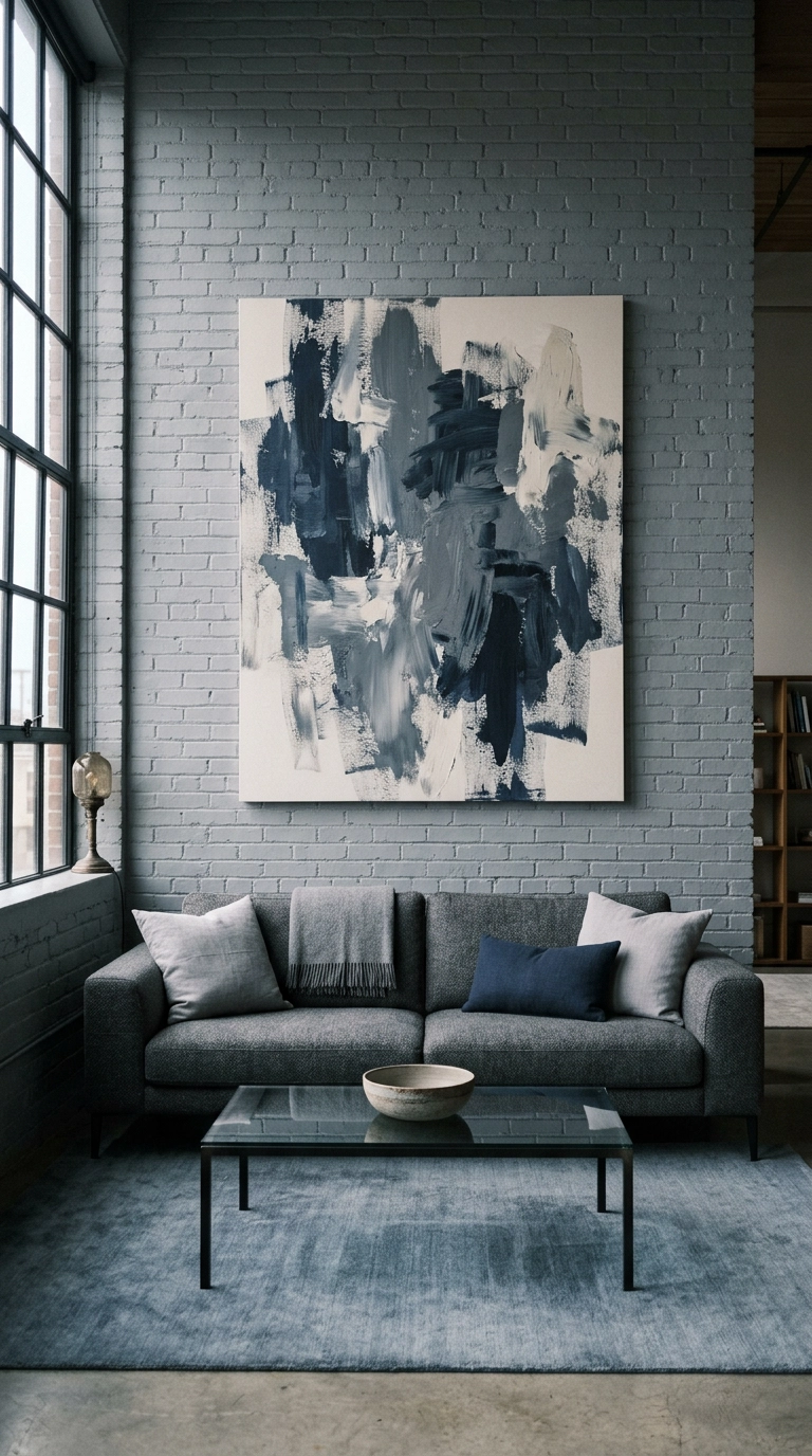 Oversized navy blue abstract canvas hung above a charcoal grey sofa