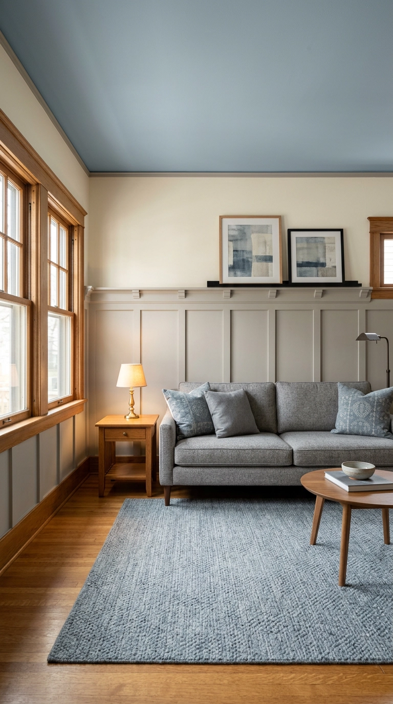Grey board and batten wall molding with a dusty blue painted ceiling