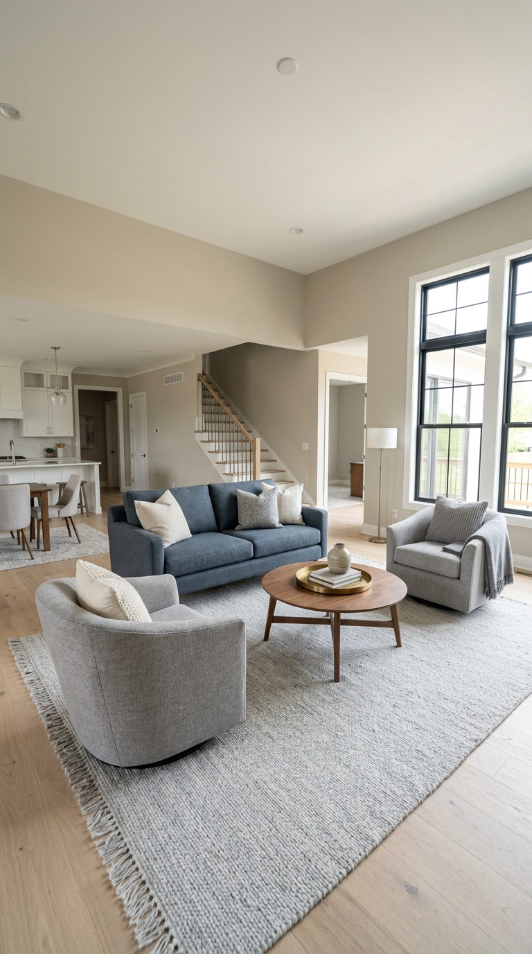 Slate blue sofa floated off the wall with grey swivel chairs on a large rug