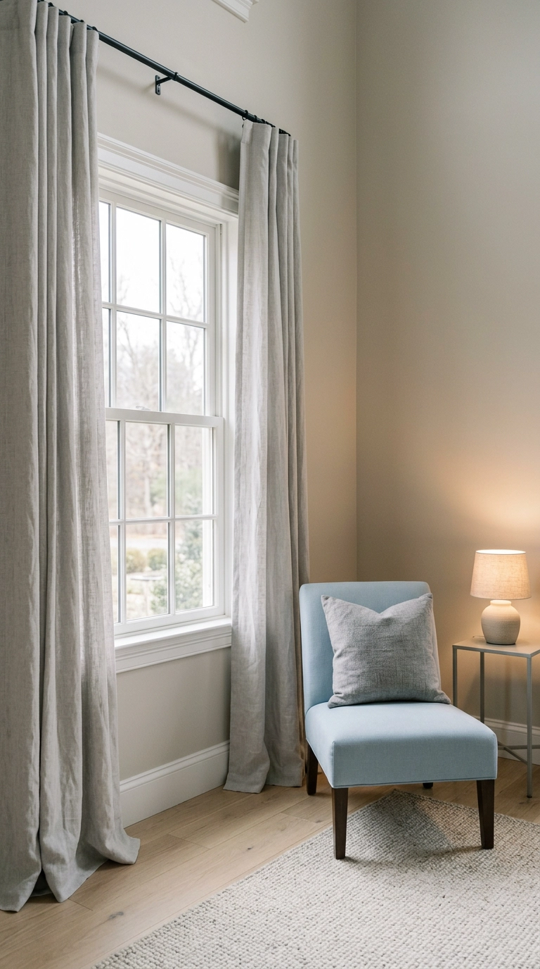 Grey linen curtains hung high near the ceiling beside a powder blue chair