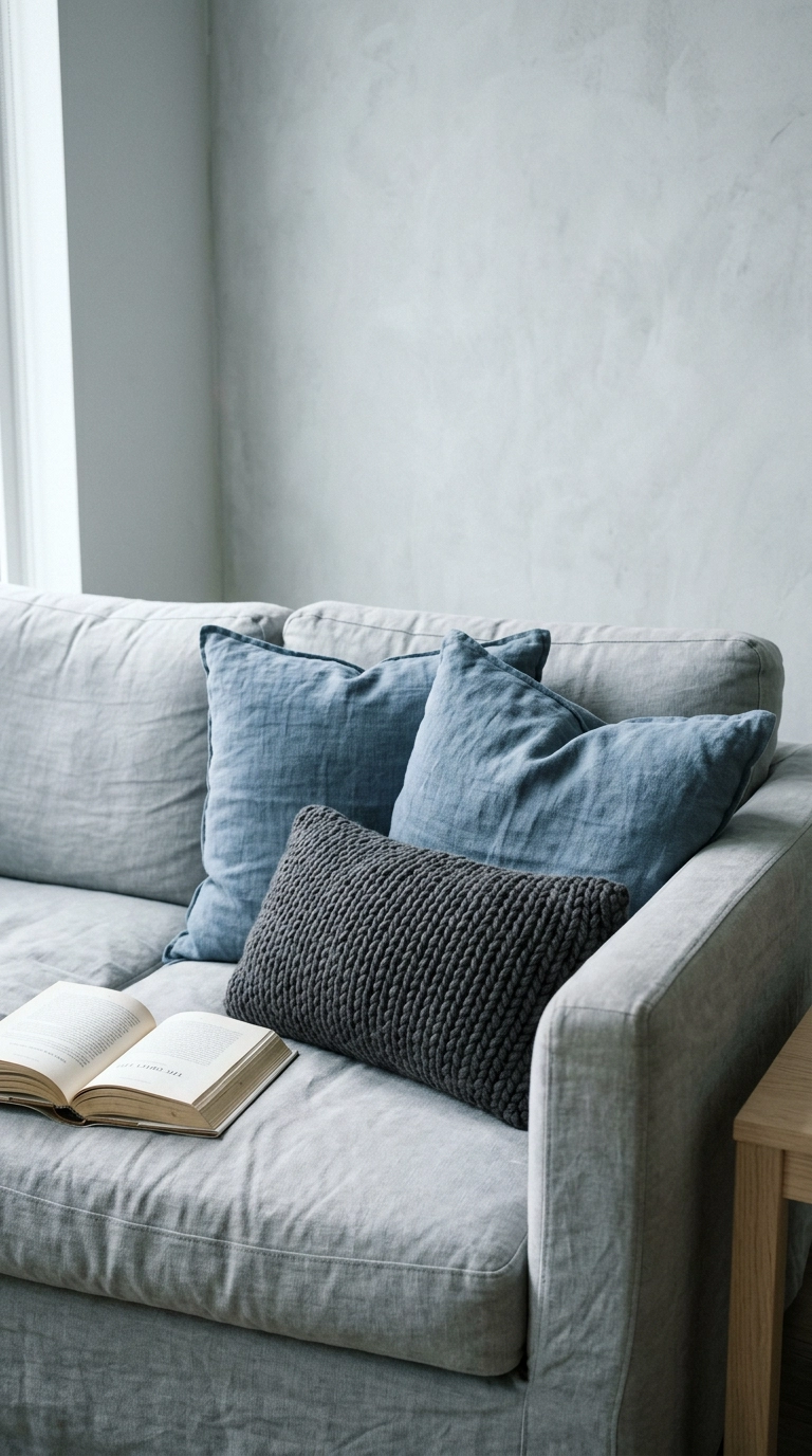 Dusty blue and charcoal grey pillows styled on a pale grey linen sofa
