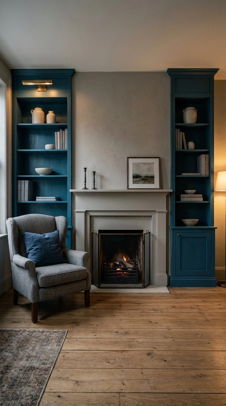 Teal blue painted built-in bookcases flanking a fireplace in a warm grey living room