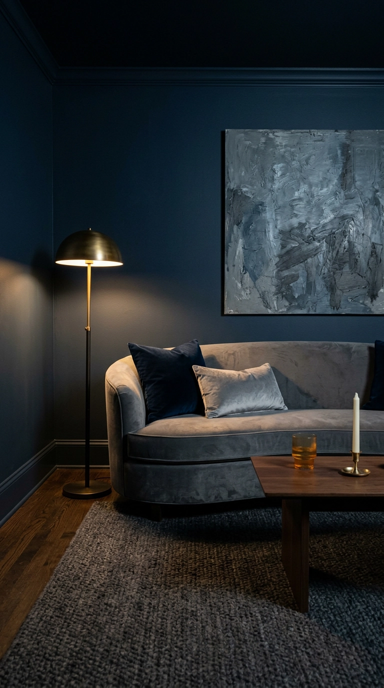 Midnight blue color drenched den with a grey velvet curved sofa and brass lamp