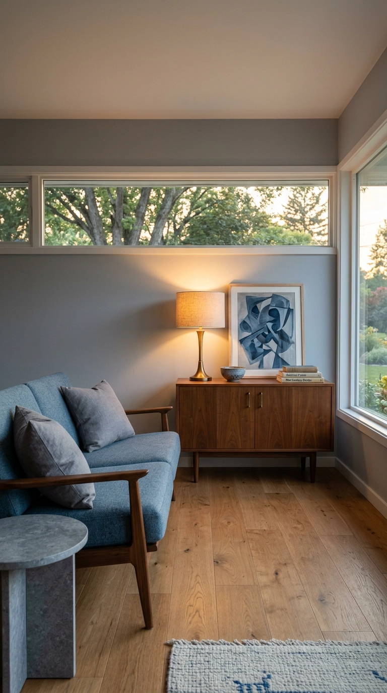 Walnut credenza and brass lamp warming a dusty blue and cool grey living room