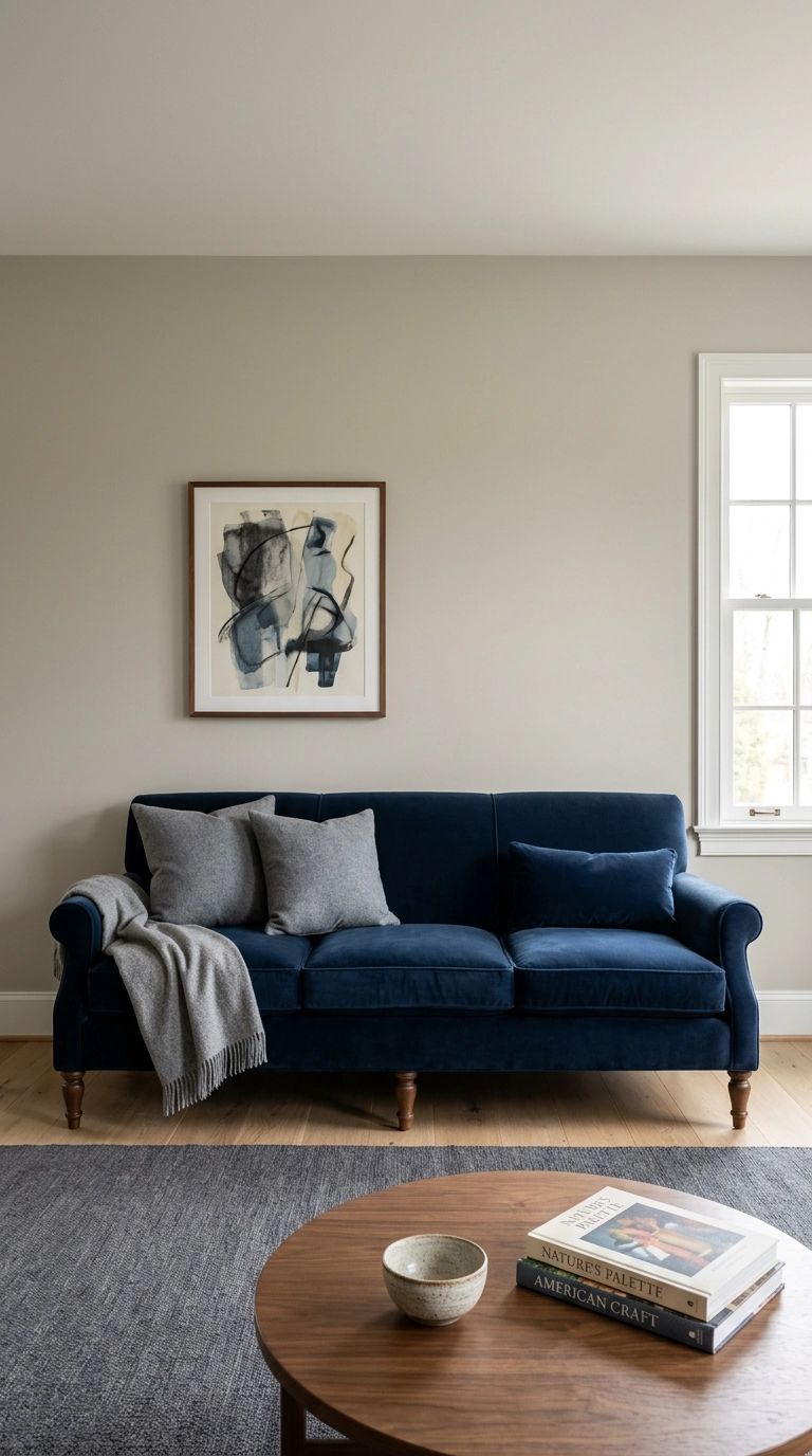 Navy blue velvet sofa against warm greige walls in a transitional grey living room
