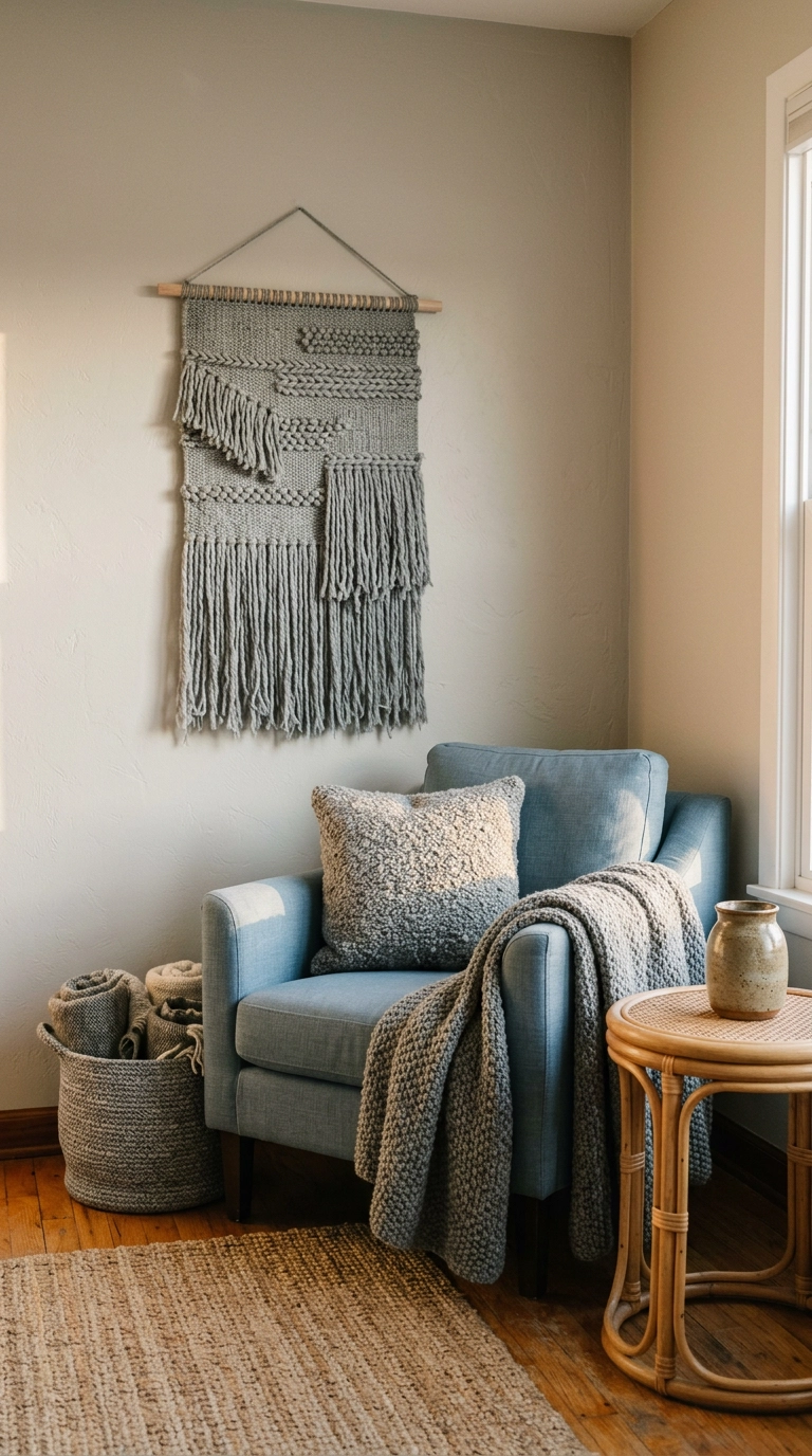 Grey woven wall hanging and dusty blue linen chair with natural fiber textures