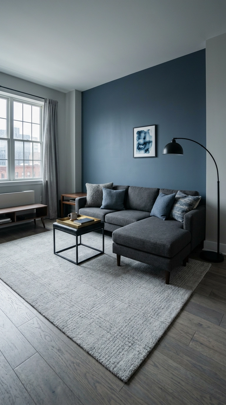 Slate blue accent wall behind a charcoal grey sectional in a small grey living room