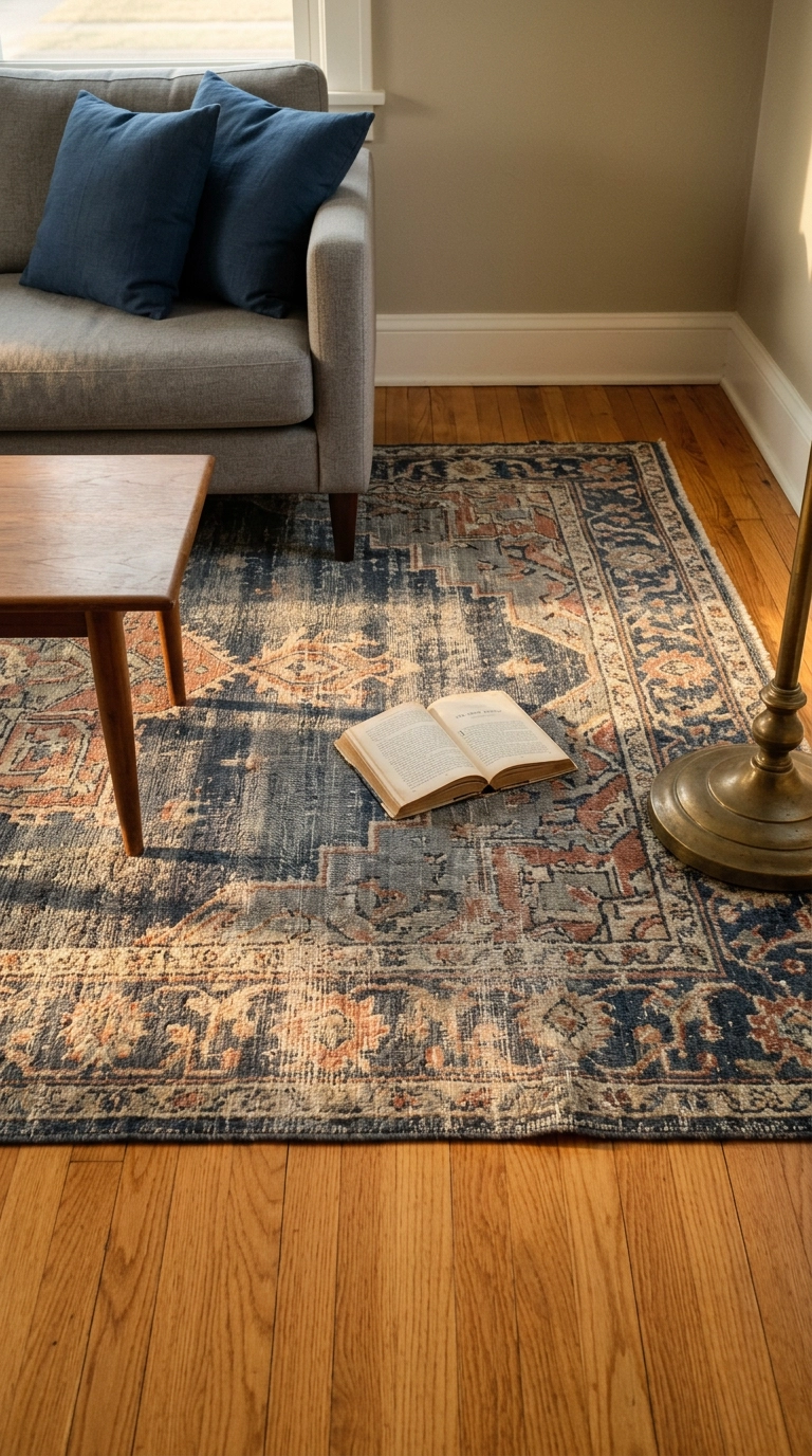 Faded navy blue and slate grey vintage-style rug in a warm grey living room