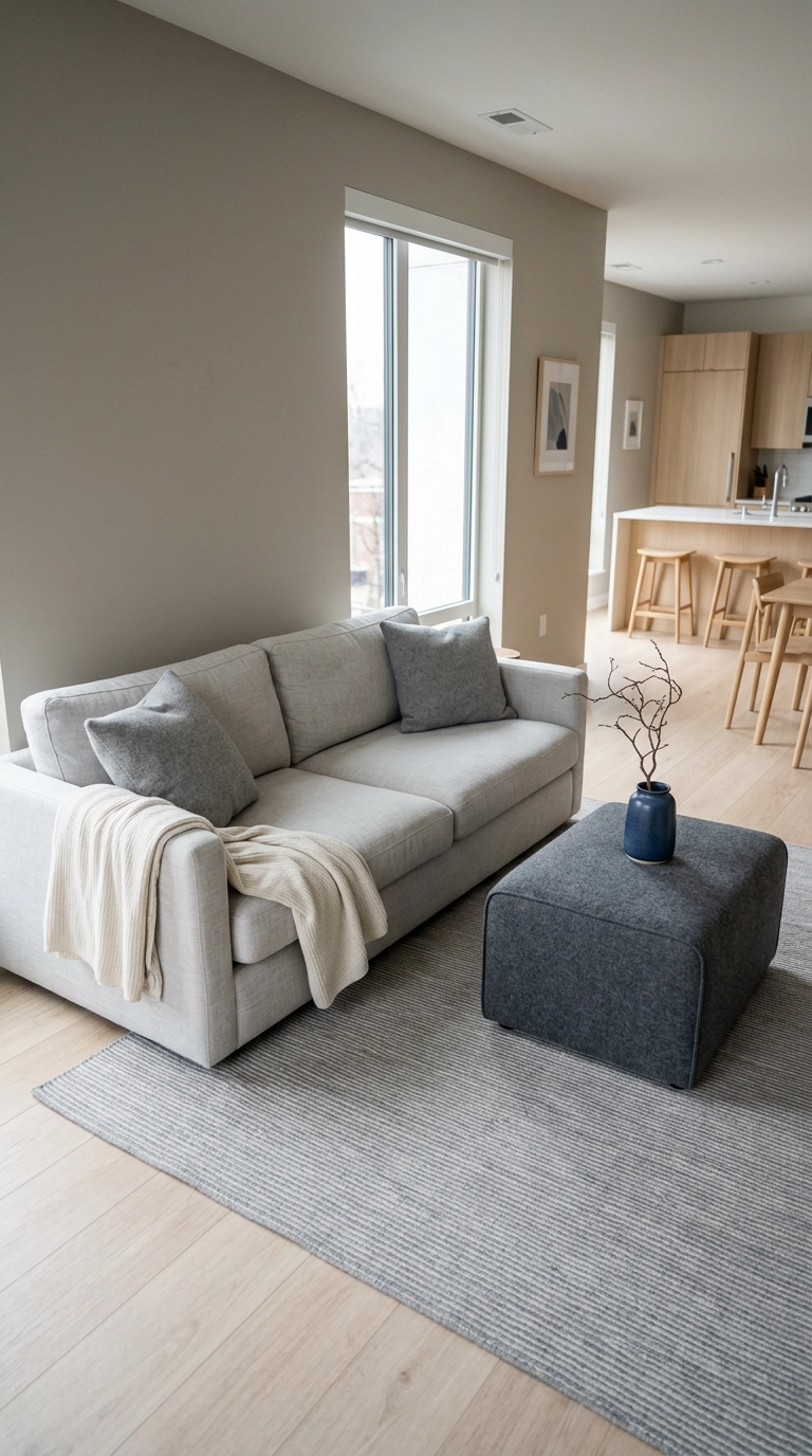 Three shades of grey layered with an indigo blue vase in a Scandinavian living room