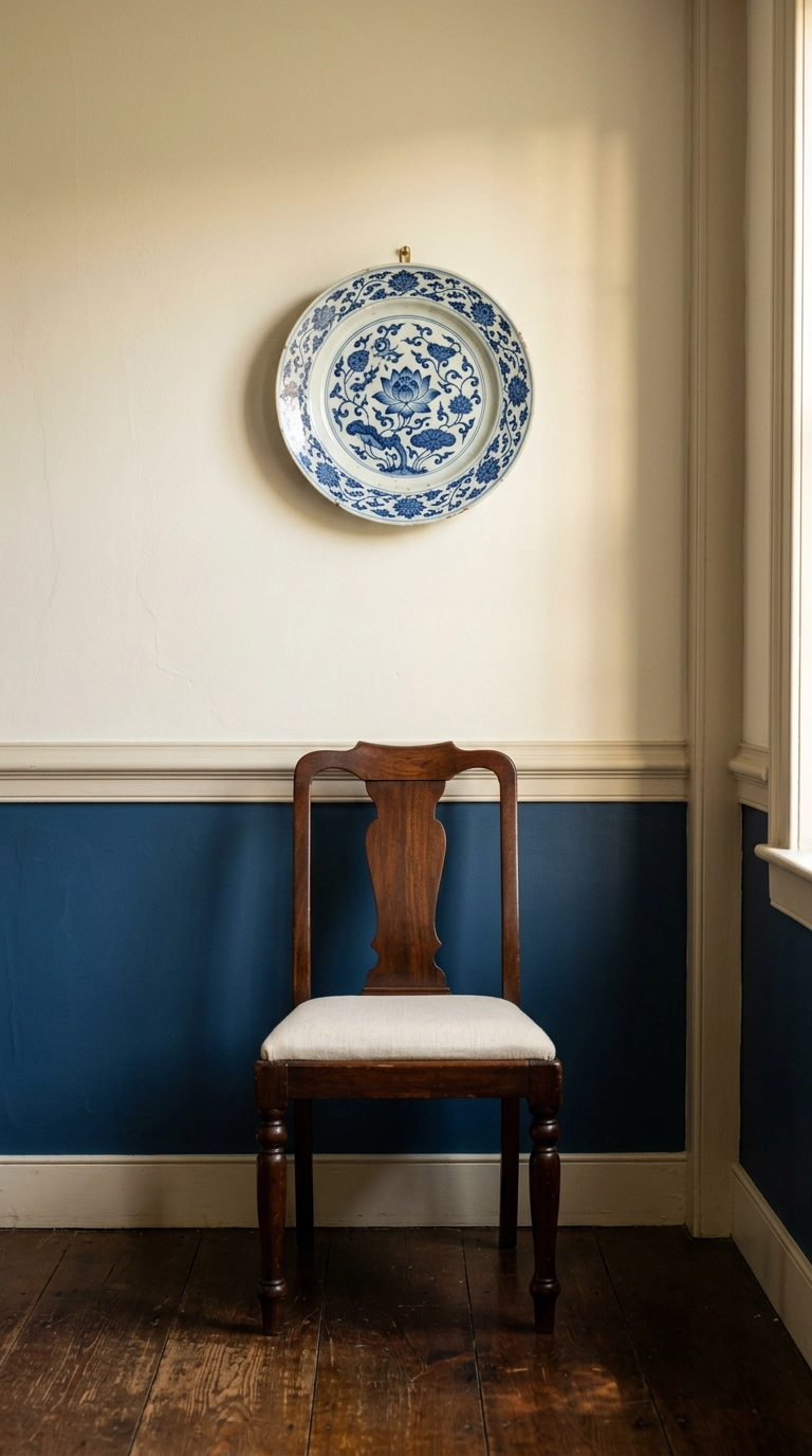 Warm indigo wall below a creamy chalk-white wall with one hand-painted porcelain plate