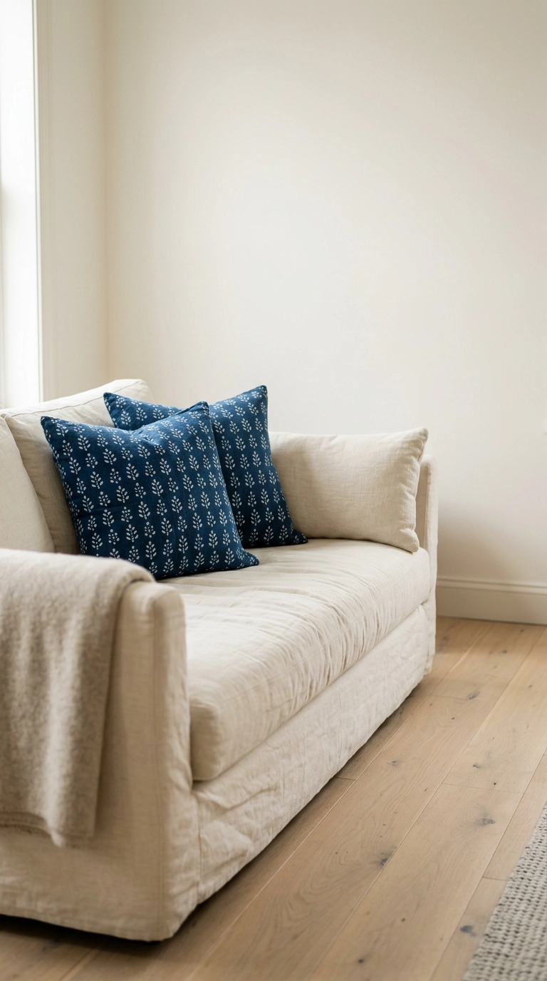 Two indigo hand-blocked pillows and a cream lumbar on a linen sofa in morning light