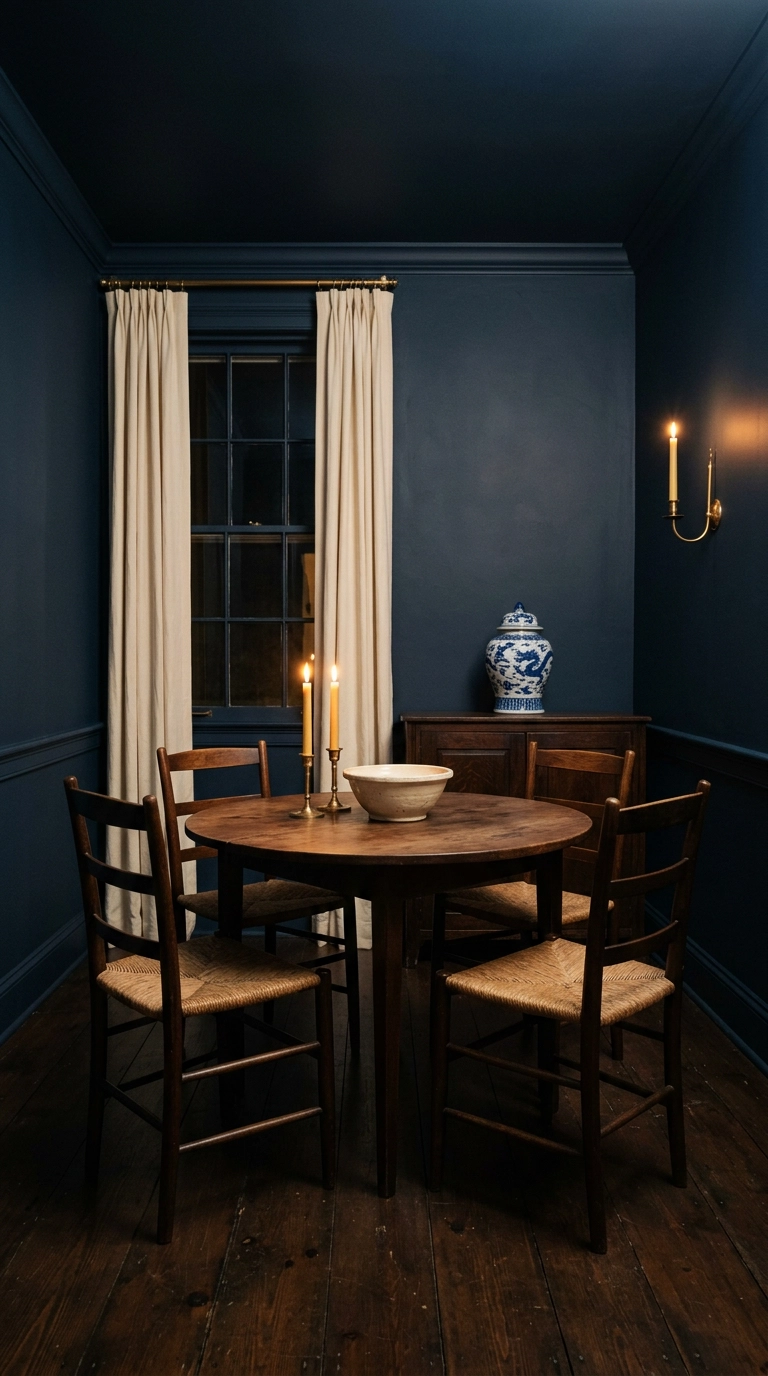 Small dining room color drenched in inky navy with one blue and white porcelain jar