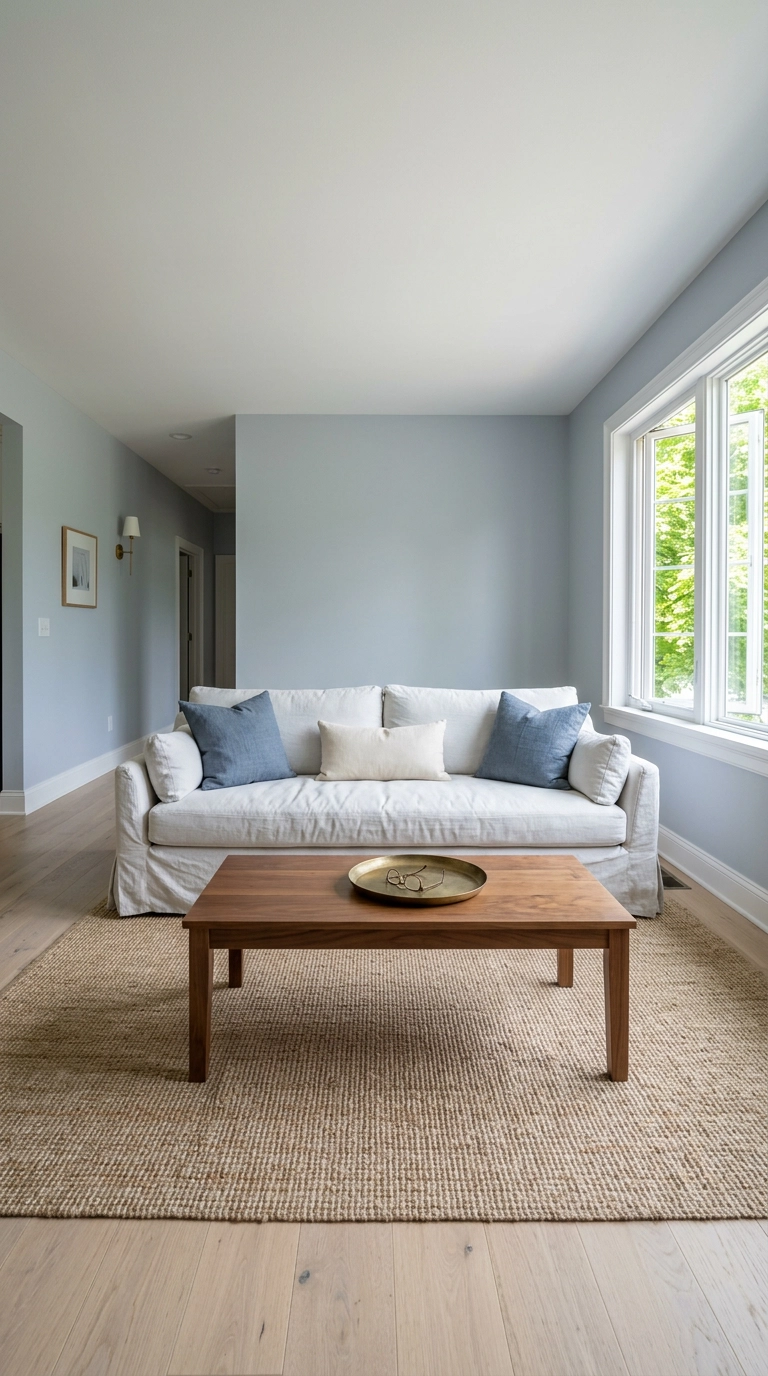 White slipcovered sofa with slate blue pillows in a soft blue-grey living room