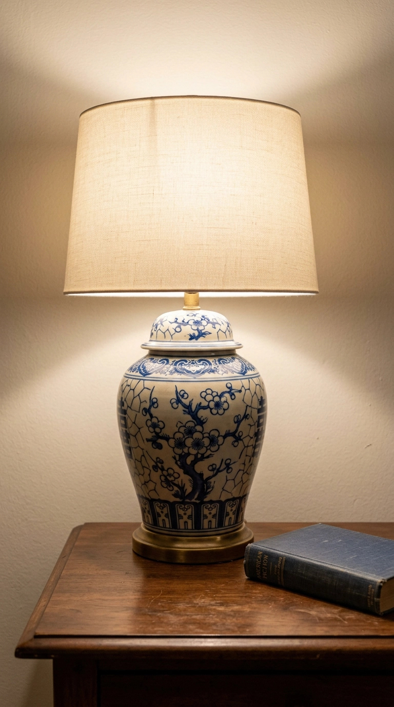 Blue and white porcelain jar lamp with an ivory linen shade glowing at night