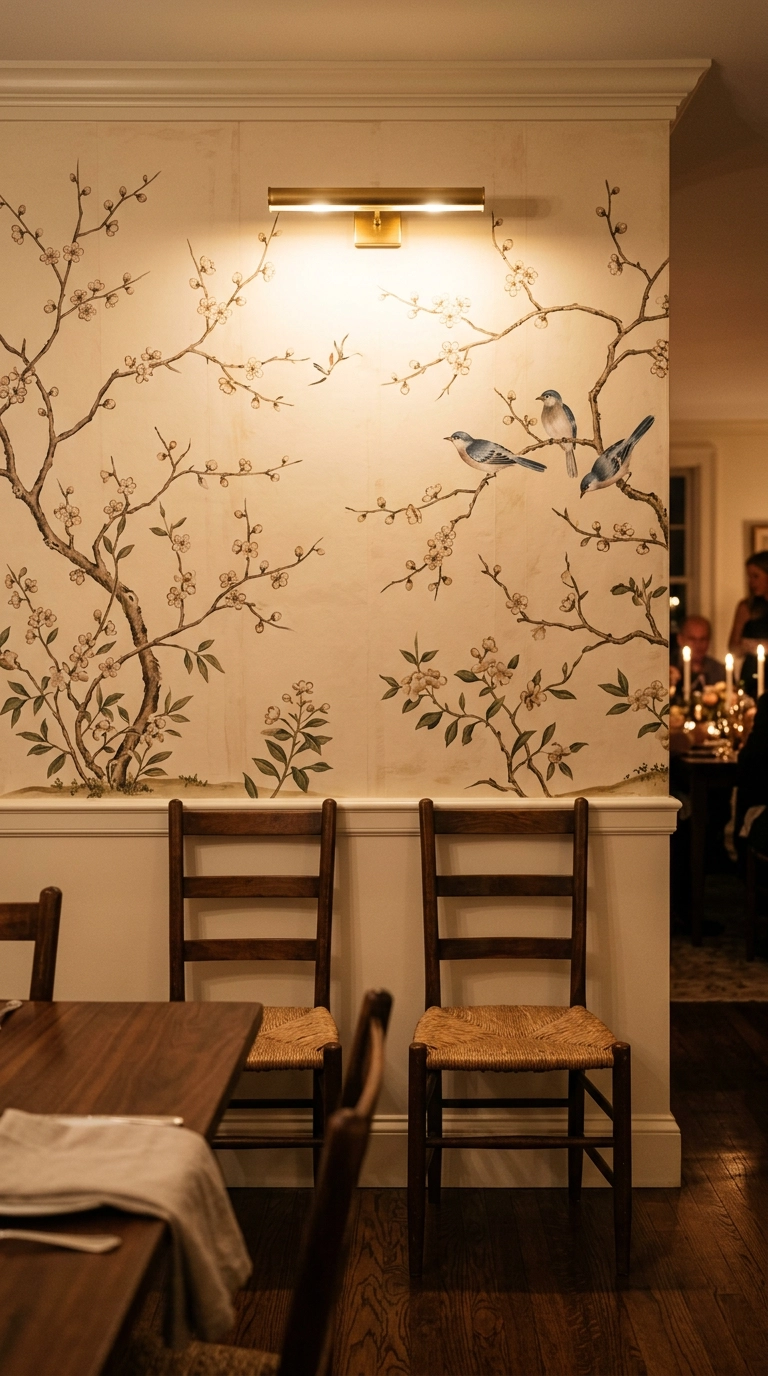 Greyed blue chinoiserie branch and bird wallpaper above a chair rail in a dining room