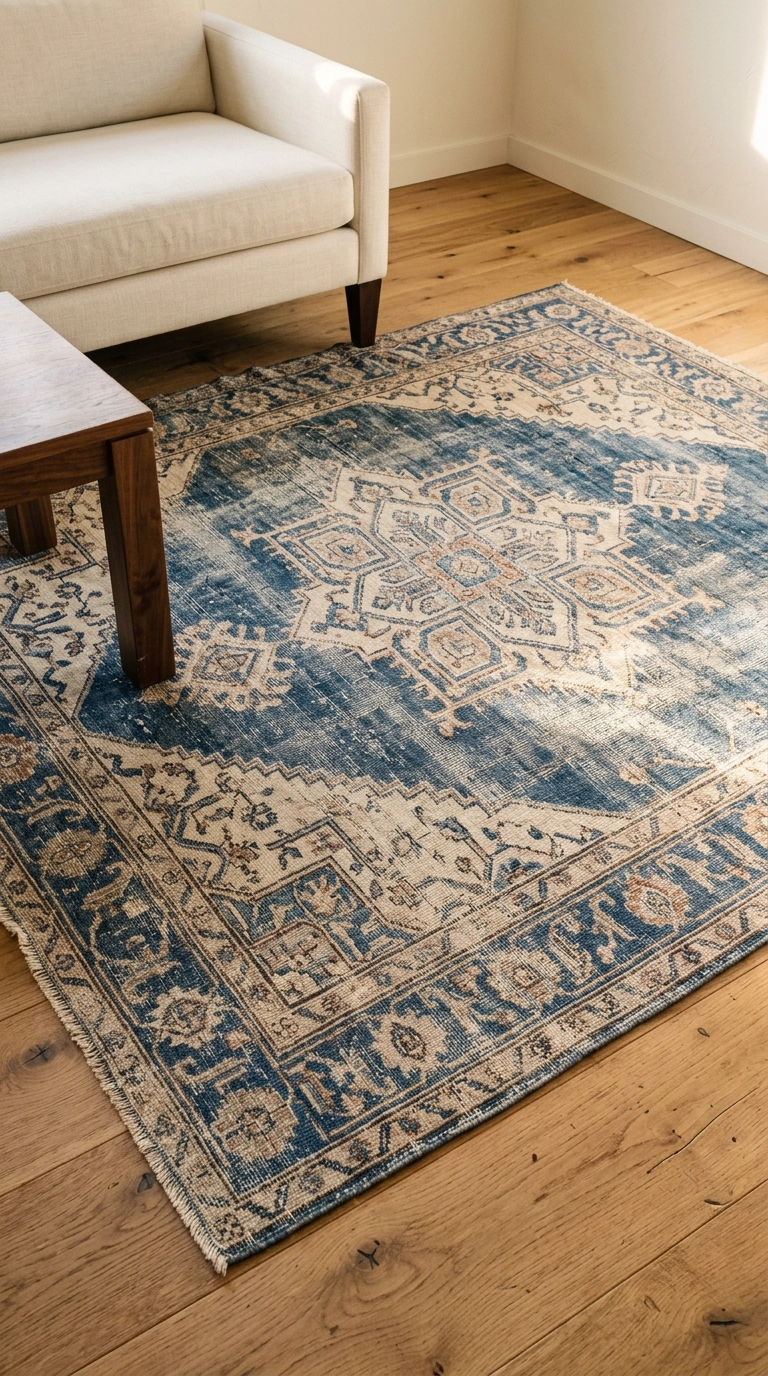 Worn antique Persian rug in faded indigo and ivory under a cream sofa