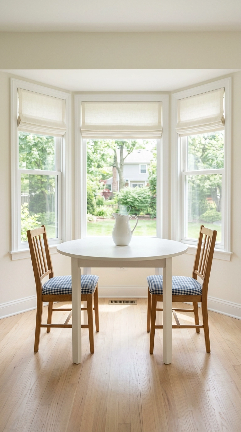 Blue and white gingham seat cushions on wood chairs in a bright breakfast nook