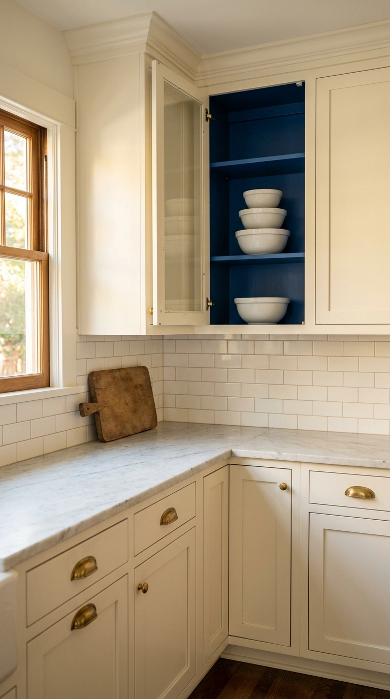 Cobalt-painted cabinet interior behind white ironstone bowls in a cream kitchen