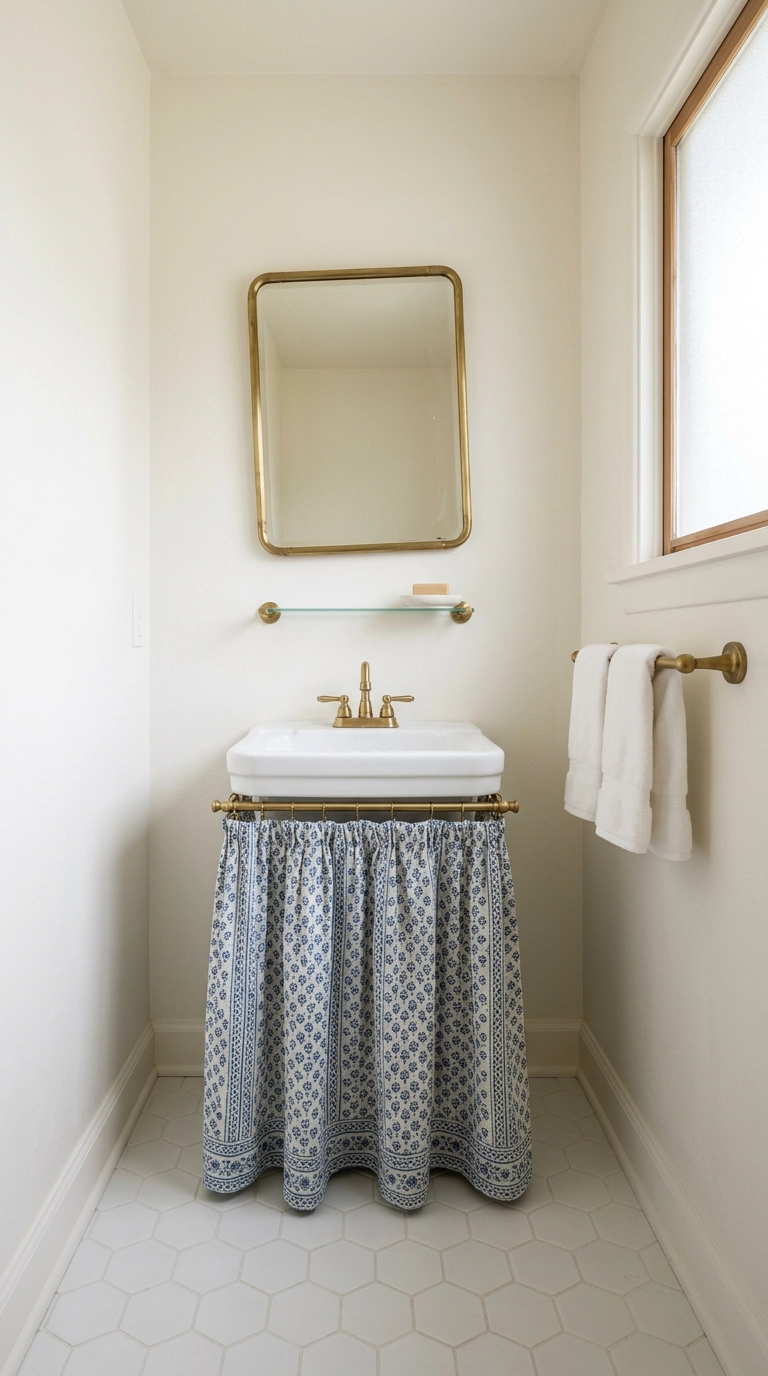 Blue and white block-print sink skirt on a brass rod under a white wall-mount sink