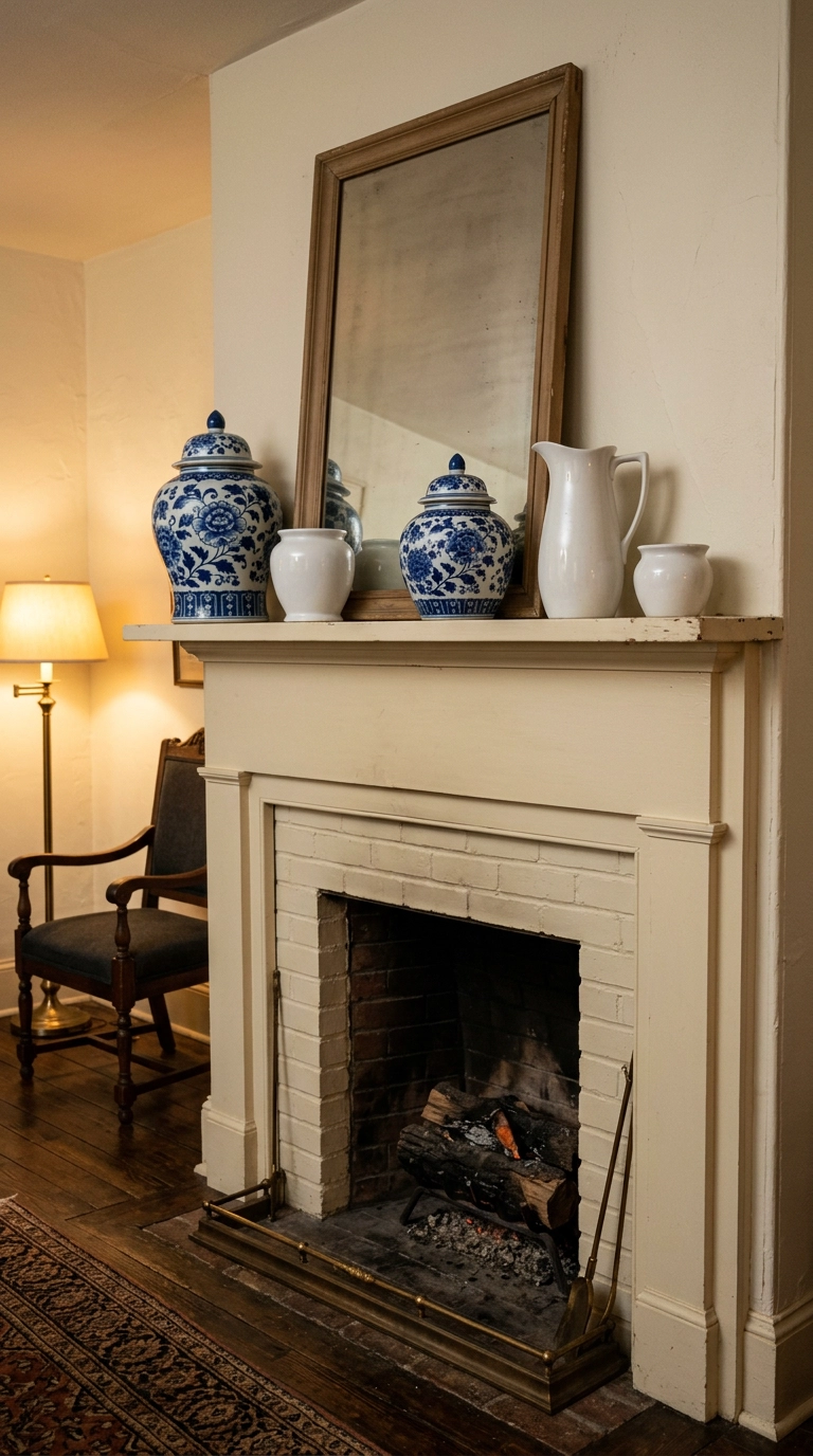 Five blue and white porcelain pieces grouped asymmetrically on a creamy white mantel